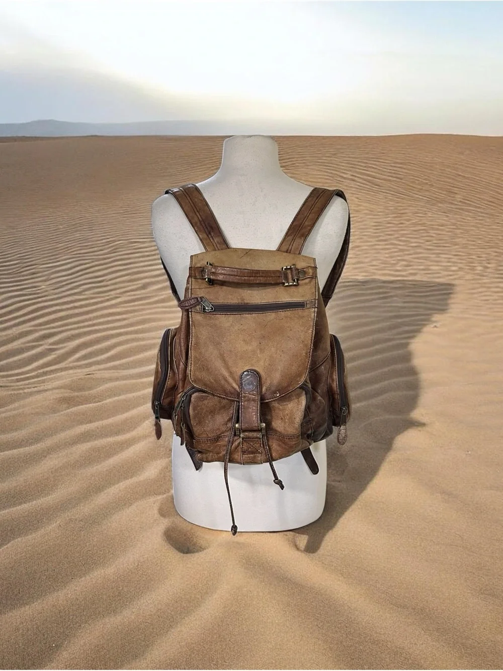 Vintage Brown Worn Weathered Distressed Leather Knapsack Backpack Size Medium